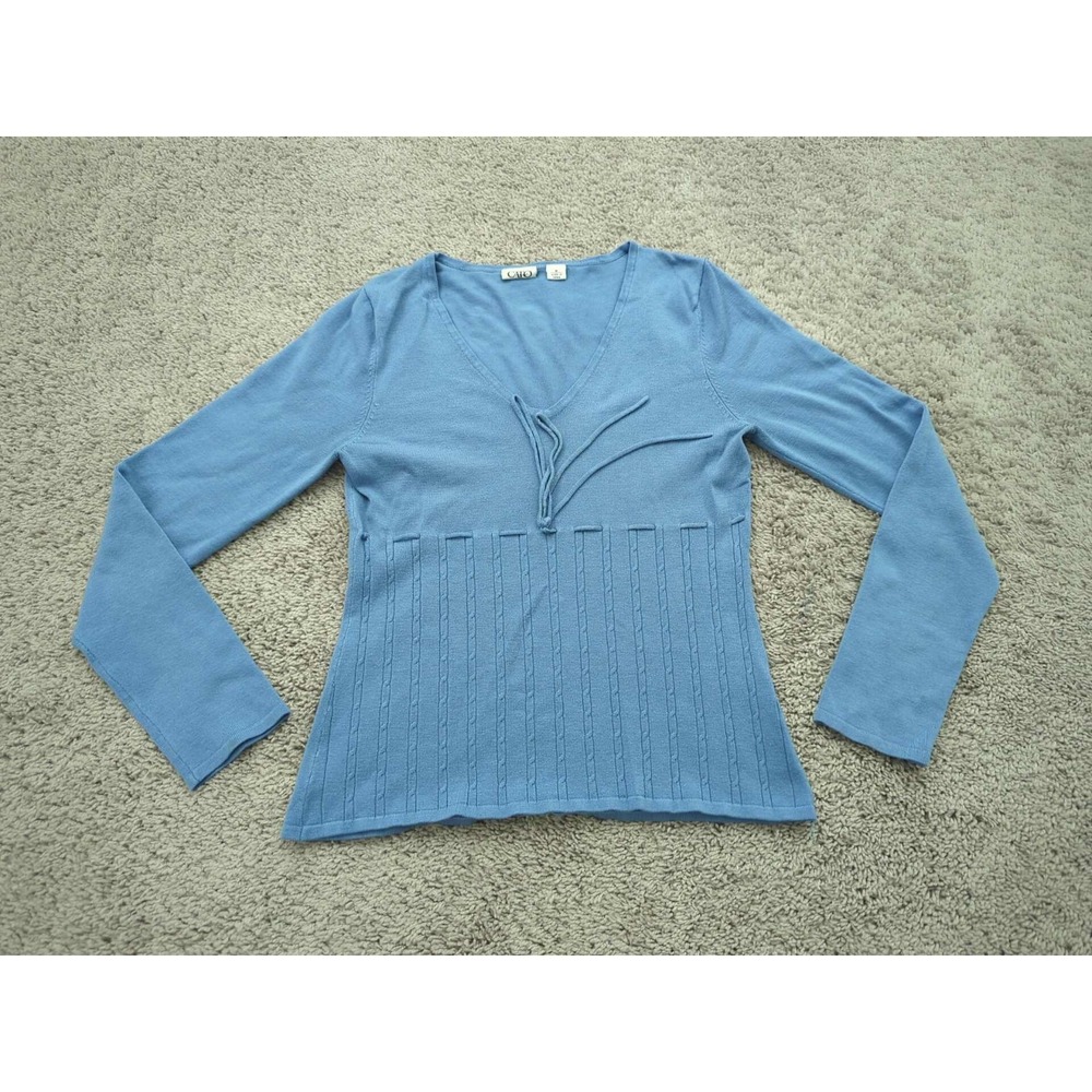 CATO Sweater Top Womens M Blue Long Sleeve V-Neck Tie Detail Ribbed Knit